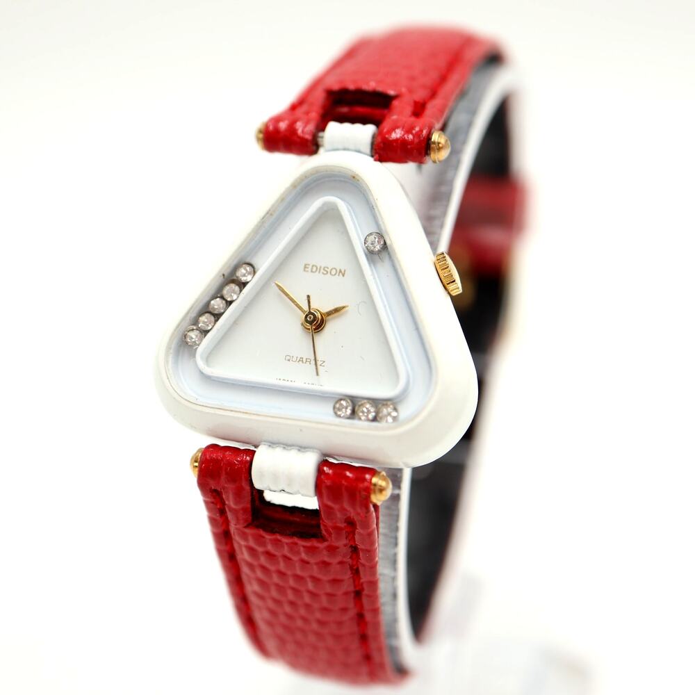 Vintage Edison White Triangle Art 26mm Womens Watch Red Leather w New Battery
